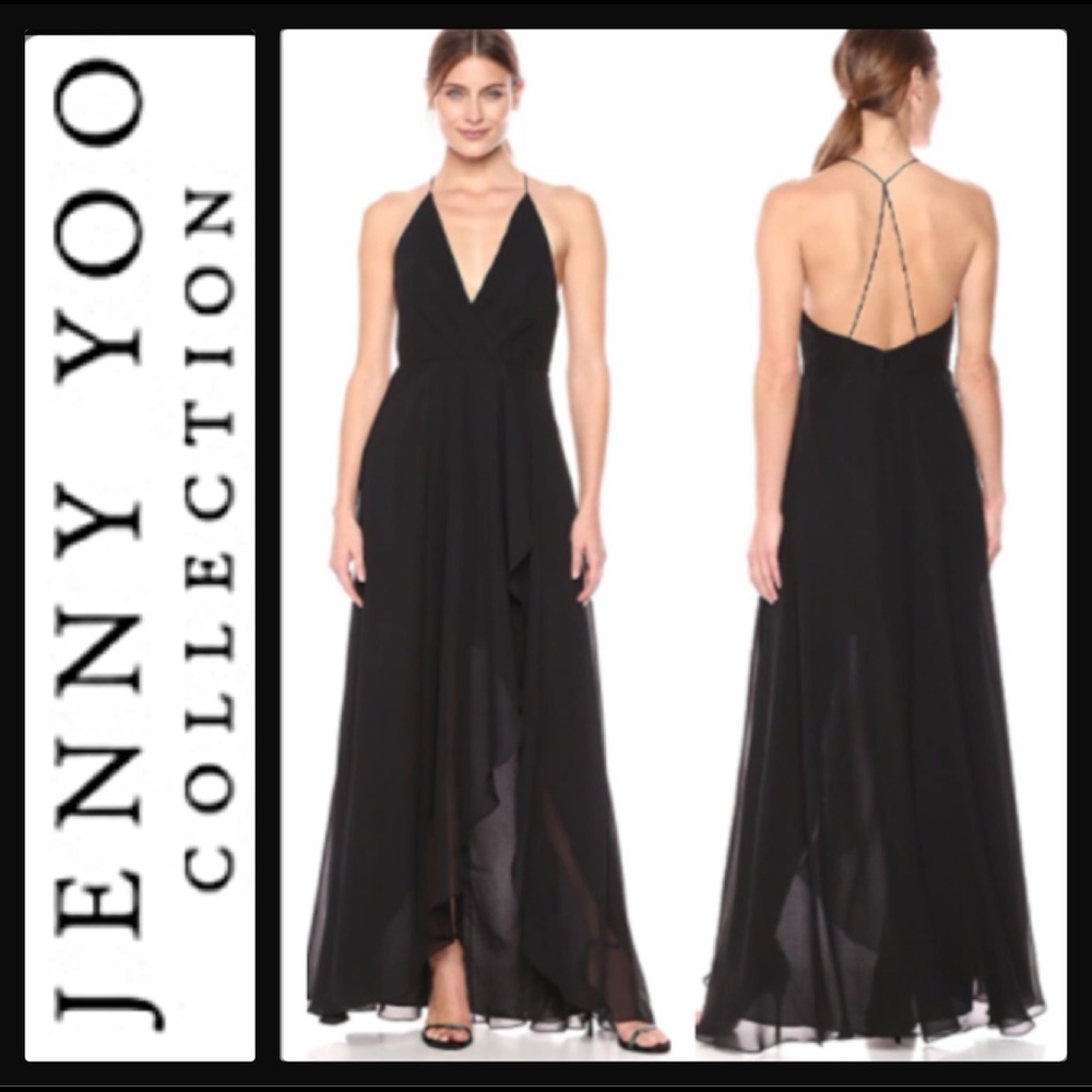 Jenny Yoo Farrah Halter Faux Wrap Chiffon Gown